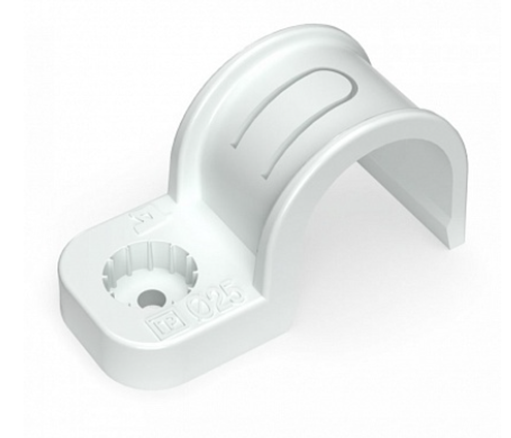 Крепеж-скоба пластиковая односторонняя для прямого монтажа белая в п/э д20 (50шт/уп) Промрукав