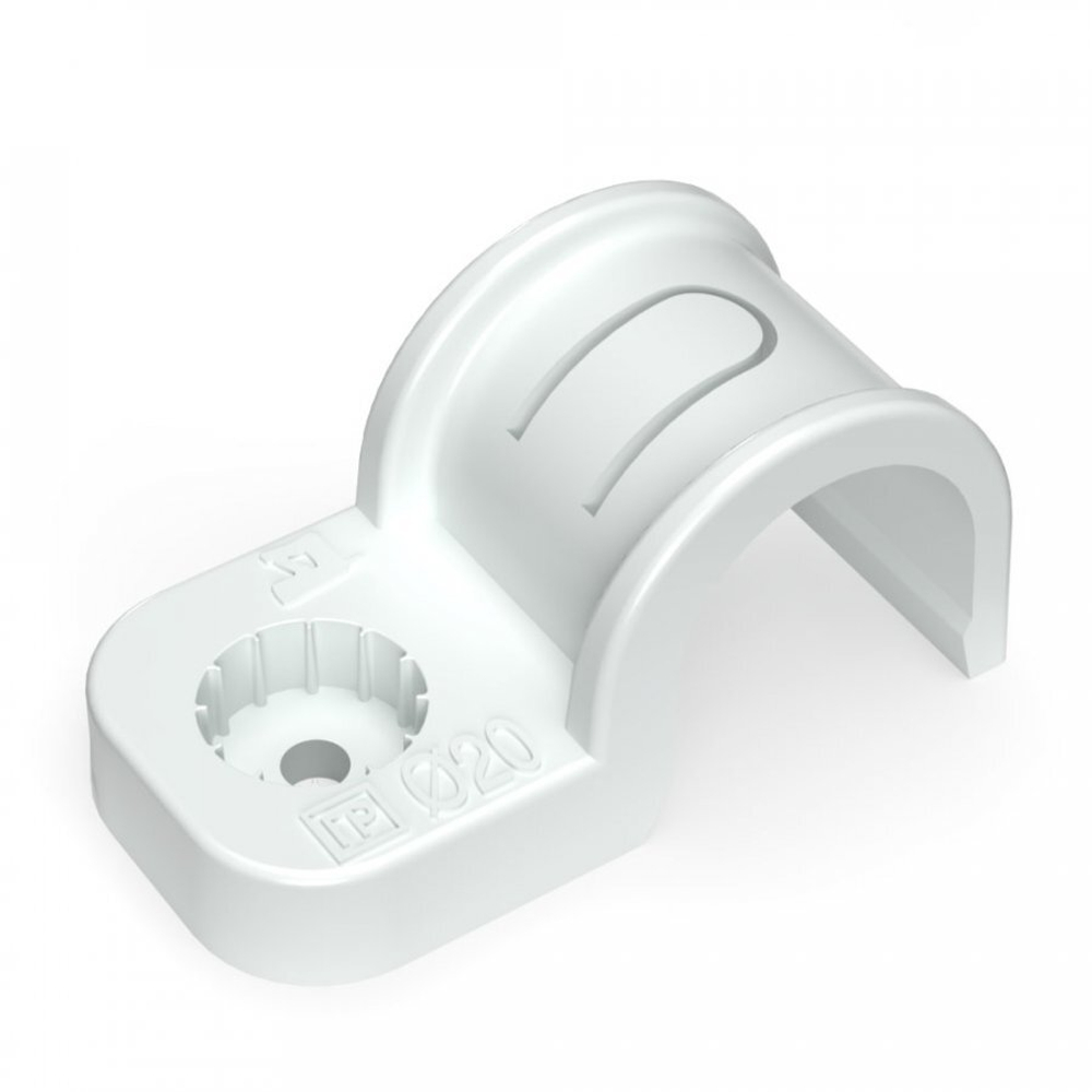 Крепеж-скоба пластиковая односторонняя для прямого монтажа белая в п/э д20 (50шт/уп) Промрукав